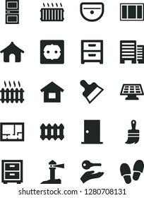 Solid Black Vector Icon Set - bedside table vector, dwelling, window frame, wooden paint brush, sink, lay out of flat, power socket type f, ntrance door, interroom, buildings, putty knife, cast iron