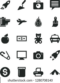 Solid Black Vector Icon Set - image of thought vector, monitor, camera, roll, open pin, teddy bear, building trowel, plastic brush, car, jam, apricot, part guava, space rocket, dollar, printer, tent