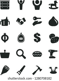 Solid Black Vector Icon Set - magnifier vector, dollar, chest of drawers, measuring cup for feeding, small rocking horse, drill, hand saw, hammer with claw, apple pie, grill chicken leg, fig, loquat