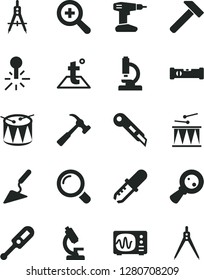 Solid Black Vector Icon Set - zoom vector, electronic thermometer e, drumroll, drum, building trowel, drill, construction level, stationery knife, temperature, hammer, with claw, magnifier, mercury