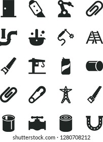 Solid Black Vector Icon Set - clip vector, safety pin, crane, hand saw, arm, ladder, ntrance door, knife, tin, soda can, valve, water pipes, power line, pipe, gas welding, robot welder, metallurgy