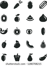 Solid Black Vector Icon Set - Hot Dog vector, chili, peper, fig, blueberry, tasty mulberry, slice of melon, delicious plum, date fruit, half cherry, lemon, yellow, ripe pineapple, grapefruit, guava