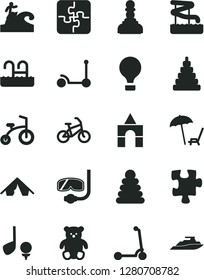 Solid Black Vector Icon Set - stacking rings vector, toy, small teddy bear, box of bricks, child bicycle, Kick scooter, Puzzle, Puzzles, pawn, air balloon, bike, tent, arnchair under umbrella, pool