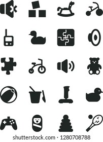 Solid Black Vector Icon Set - loudspeaker vector, rubber duck, baby duckling, bath ball, stacking rings, roly poly doll, toy phone, children's sand set, small teddy bear, rocking horse, tricycle