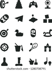 Solid Black Vector Icon Set - paper airplane vector, rubber duck, stacking rings, roly poly doll, tumbler, toy sand set, children's, yule, rocking horse, cubes for children, box of bricks, joystick