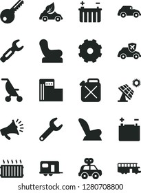 Solid Black Vector Icon Set - truck lorry vector, Baby chair, car child seat, summer stroller, motor vehicle present, key, big solar panel, modern gas station, accumulator, battery, canister, eco