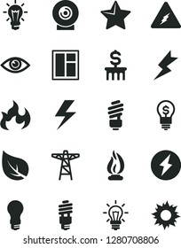 Solid Black Vector Icon Set - lightning vector, window, saving light bulb, star, eye, lens, leaf, power pole, energy, electricity, flame, dollar column, idea, sun