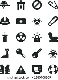 Solid Black Vector Icon Set - warning vector, prohibition, Baby chair, safety pin, open, bag of a paramedic, key, construction helmet, radiation hazard, encrypting, biohazard, winner stairway, atm