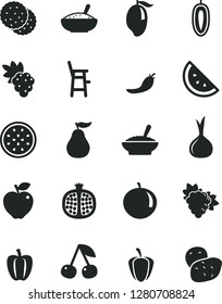 Solid Black Vector Icon Set - a chair for feeding child vector, bowl of buckwheat porridge, rice, orange slice, biscuit, cherry, half pomegranate, grape, branch, red apple, mango, tangerine, passion