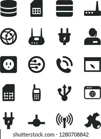Solid Black Vector Icon Set - power socket type b vector, phone call, plug, electric, SIM card, dispatcher, mobile, usb, router, network, browser, connect, wireless, big data, satellite