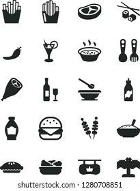 Solid Black Vector Icon Set - plates and spoons vector, plastic fork, fried vegetables on sticks, big burger, pie, a bowl of rice porridge, in saucepan, lettuce plate, grill chicken leg, bacon, wine