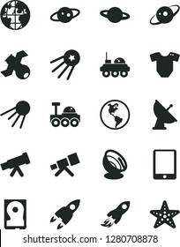 Solid Black Vector Icon Set - t short vector, artificial satellite, planet, Earth, space rocket, tablet pc, hdd, telescope, antenna, saturn, lunar rover, first, starfish