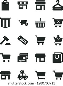 Solid Black Vector Icon Set - grocery basket vector, hammer of a judge, motor vehicle present, building trolley, cart, put in, crossed, bag with handles, cards, kiosk, hanger, stall, shopping, store