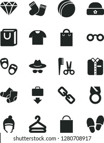Solid Black Vector Icon Set - paper bag vector, spectacles, hat with glasses, bath ball, accessories for a hairstyle, warm socks, Knitted, shoes little children, winter, handles, T shirt, folded