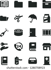 Solid Black Vector Icon Set - folder vector, window frame, door knob, ntrance, book, umbrella, drawer, 24, package, canned goods, kiosk, arm with key, grand opening, champagne, medical room