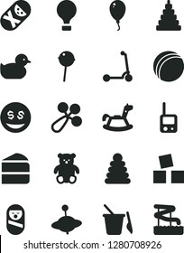 Solid Black Vector Icon Set - baby rattle vector, duckling, bath ball, stacking rings, toy, roly poly doll, tumbler, phone, children's sand set, small teddy bear, yule, rocking horse, balloon, air