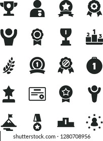 Solid Black Vector Icon Set - pedestal vector, medal, winner, laurel branch, prize, award, star reward, man with, motivation, first place, ribbon, certificate, hands up, stars around