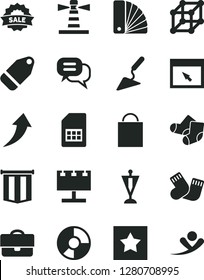 Solid Black Vector Icon Set - paper bag vector, warm socks, Knitted, building trowel, color samples, label, SIM card, lighthouse, billboard with illumination, portfolio, ring diagram, sale, browser
