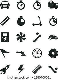 Solid Black Vector Icon Set - truck lorry vector, lightning, stopwatch, wind direction indicator, child Kick scooter, dangers, timer, car, delivery, marine propeller, retro, rocket, wall watch