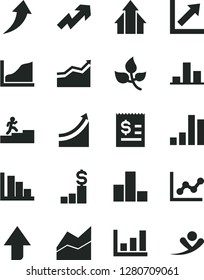 Solid Black Vector Icon Set - upward direction vector, growth up, bar chart, line, graph, positive histogram, leaves, article on the dollar, carrer stairway, arrow, arrows, pedestal, flying man