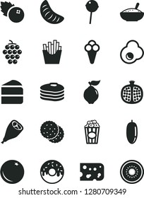 Solid Black Vector Icon Set - piece of cheese vector, cake, glazed with a hole, bowl rice porridge, grill chicken leg, Chupa Chups, French fries, cup popcorn, cone, fried egg, blueberries, biscuit