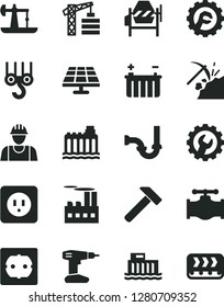 Solid Black Vector Icon Set - tower crane vector, builder, winch hook, concrete mixer, drill, sewerage, power socket type b, f, gear, star, hammer, solar panel, oil derrick, coal mining, valve