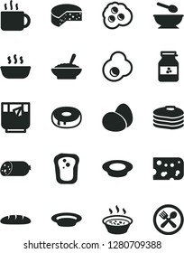 Solid Black Vector Icon Set - deep plate with a spoon vector, sausage, piece of cheese, eggs, loaf, cake hole, bowl buckwheat porridge, in saucepan, hot, milk, cup tea, glass, fried egg, omelette