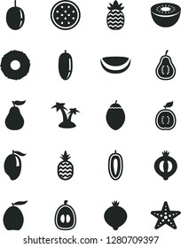 Solid Black Vector Icon Set - a pineapple vector, medlar, half of, mango, loquat, date fruit, passion, sweet, kiwi, tamarillo, guawa, piece coconut, slice, ripe guava, part, palm tree, starfish