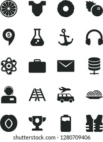 Solid Black Vector Icon Set - Child T shirt vector, ladder, envelope, anchor, big data server, operator, onion, blueberries, plum, half of orange, slice pineapple, charge level, headphones, flask