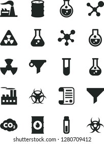Solid Black Vector Icon Set - round flask vector, factory, oil, barrel, industrial building, radiation, carbon dyoxide, filter, water, research article, test tube, molecule, nuclear, biohazard