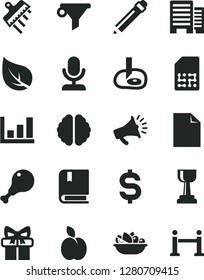 Solid Black Vector Icon Set - graphite pencil vector, clean sheet of paper, e, buildings, spatula, a plate fruit, chicken leg, apple, leaf, SIM, water filter, denomination the dollar, horn, gift