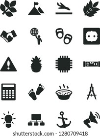 Solid Black Vector Icon Set - warning vector, children's tracks, shoes for little children, power socket type f, building level, anchor, porridge in a saucepan, ripe pineapple, Measuring compasses