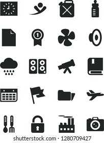 Solid Black Vector Icon Set - clean sheet of paper vector, loudspeaker, feeding bottle, cloud, iron fork spoons, e, lock, flag, fan screw, industrial building, canister, wall calendar, black clock