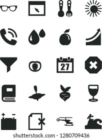 Solid Black Vector Icon Set - daily calendar vector, mark of injury, plastic fork spoons, small yule, delete page, glass, guava, half tomato, beet, accumulator, drop, filter, phone call, browser