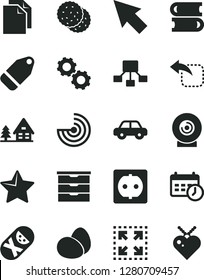 Solid Black Vector Icon Set - clean paper vector, storage unit, motor vehicle, tumbler, books, star, lens, label, size, move left, eggs, biscuit, power socket, hierarchical scheme, schedule clock