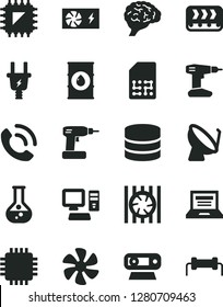Solid Black Vector Icon Set - laptop vector, cordless drill, phone call, marine propeller, flask, oil, electric plug, conveyor, smd, satellite dish, SIM, computer, radiator fan, pc power supply, cpu