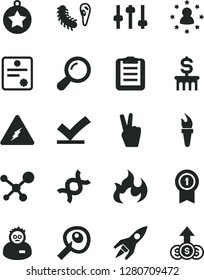 Solid Black Vector Icon Set - molecule vector, electricity, zoom, dna, settings, bactery, flame, scientist, clipboard, artifical insimination, rocket, patente, torch, star medal, with pennant