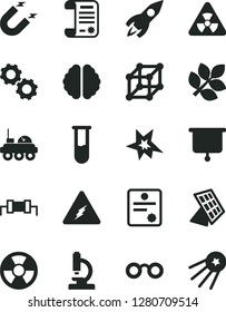 Solid Black Vector Icon Set - radiation hazard vector, magnet, rocket, research article, test tube, microscope, electricity, glasses, nuclear, brain, gears, sun panel, lunar rover, biology, patente