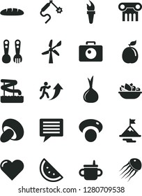 Solid Black Vector Icon Set - image of thought vector, mug for feeding, plastic fork spoons, heart, camera, loaf, porcini, a plate fruit, orange slice, guava, onion, mashroom, wind energy, aquapark