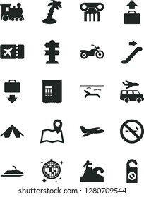 Solid Black Vector Icon Set - plane vector, train, motorcycle, escalator, ticket, baggage, getting, tent, beach, palm tree, disco ball, surfing, transfer, map, safe, no smoking sign, signpost