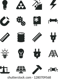 Solid Black Vector Icon Set - lightning vector, ladder, hammer, bulb, solar panel, oil derrick, coal mining, barrel, light, plug, electric, gears, horseshoe magnet, pc power supply, memory, nuclear