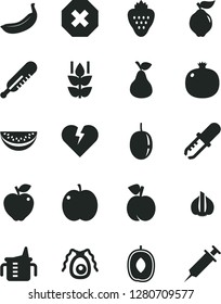 Solid Black Vector Icon Set - mark of injury vector, measuring cup for feeding, mercury thermometer, broken heart, strawberry, pear, mint, peach, apple, pomegranate, quince, red, delicious plum