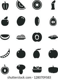 Solid Black Vector Icon Set - onion vector, slices of, mushroom, lettuce in a plate, apple, half apricot, pomegranate, slice water melon, loquat, date fruit, cherry, kiwi, piece coconut, stub, peas