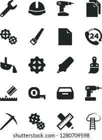 Solid Black Vector Icon Set - clean sheet of paper vector, gears, cordless drill, arm saw, measuring tape, plastic brush, writing accessories, drawing, construction helmet, drawer, 24, gear