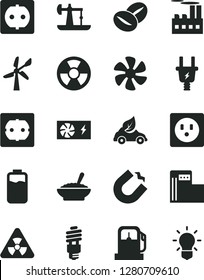 Solid Black Vector Icon Set - power socket type f vector, a bowl of buckwheat porridge, coffee beans, marine propeller, charge level, oil derrick, gas station, modern, wind energy, electric plug