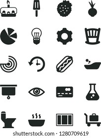 Solid Black Vector Icon Set - cradle vector, children's bathroom, cogwheel, window frame, comfortable toilet, eye, Hot Dog, torte, porridge, beet, popsicle, strawberries, bulb, pie charts, history
