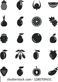 Solid Black Vector Icon Set - strawberry vector, orange, grape, quince, blackberry, mango, goji berry, water melon slice, ripe plum, half cherry, lemon, sour lime, of, guava, pineapple, physalis