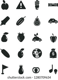 Solid Black Vector Icon Set - warning vector, pennant, building level, cucumber, apple, pear, strawberry, rose hip, sour lime, part of guava, half tomato, ripe pepper, energy saving bulb, electric