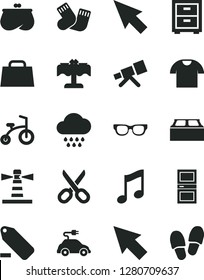 Solid Black Vector Icon Set - scissors vector, remove label, bedside table, cloud, warm socks, child bicycle, interroom door, building block, music, T shirt, electric car, lighthouse, purse, cursor