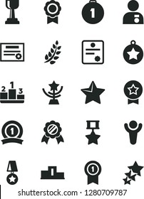 Solid Black Vector Icon Set - star vector, pedestal, medal, patente, winner, laurel branch, gold cup, man with, first place, pennant, ribbon, hero, three stars